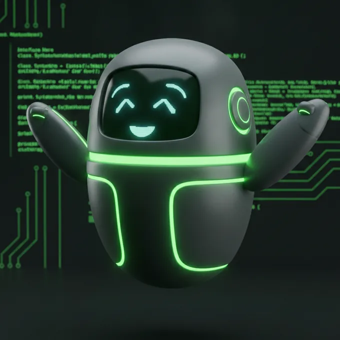 Mascota robot de SyntaxHero celebrando una victoria